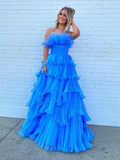 Strapless A-Line Tiered Crinkled Tulle Prom Dress HZ1023
