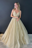 A line V Neck Glitter Tulle Prom Dress with Lace up Back HZ1023