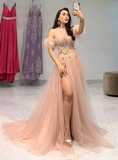 Off the shoulder pink tulle pom dress a line evening dress with slit HZ1023