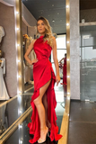 Gorgeous High Neck Red Prom Dress Side SPlit With Ruffle HZ1023