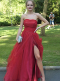 Strapless Red Tulle Long Prom Dresses, Red Tulle Long Formal Evening Dresses HZ1023