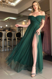 Off the\shoulder green tulle a line prom dress with slit HZ1023