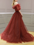 Burgundy Off Shoulder A Line Formal Evening Dress Tulle Long Prom Dress HZ1023