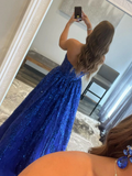 Blue A line tulle sequin long prom dress, blue tulle evening dress HZ1023