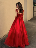 Red elegant spaghetti straps delicate floral beading long tulle formal prom dress evening gown with back corset HZ1023