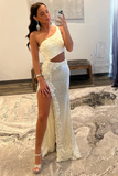 Ivory Mermaid One Shoulder Cut-Out Sequins Long Prom Gown with Slit HZ1023