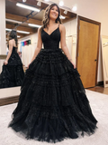 A-Line Deep V Neck Tiered Long Glitter Tulle Prom Dress HZ1023