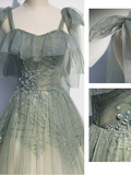 Gray Green Tulle Sequin Beads Long Prom Dress, Green Evening Dress HZ1023