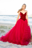 Burgundy Tulle Prom Dress Velvet Top V-Neck HZ1023