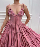 Long Satin Flowers Evening Dresses Spaghetti Straps V Neck Formal Evening Party Dress HZ1023