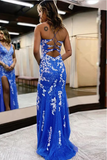 Blue printed embroidered lace V neck long slit ball gown evening dress HZ1023