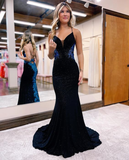 Black shiny fashion V-neck exquisite beaded spaghetti straps long sequined prom dress, evening dress, party dress HZ1023