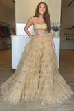 A Line Strapless Corset Glitter Tulle Prom Dress with Ruffles HZ1023
