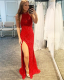 Red Sequin High Neck Mermaid Long Formal Dress with Side Slit HZ1023