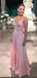 Pink A-line Spaghetti Straps V-neck Maxi Long Prom Dresses Evening Dresses HZ1023