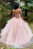 Pink tulle long prom dress, pink tulle evening dress HZ1023
