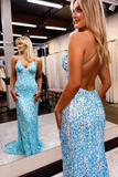 Blue Sequin Backless Long Prom Dress sparkly evening dress HZ1023