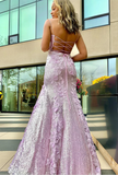 Sweetheart Neck Backless Mermaid Purple Long Prom Dresses, Mermaid Purple Lace Formal Graduation Evening Dresses HZ1023