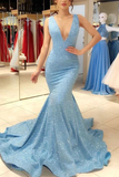 Dark Teal V-Neck Mermaid Long Prom Evening Dress with Slit HZ1023