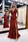 Mermaid V Neck Sequined Lace Prom Dress with Slit HZ1023