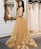 Champagne tulle lace long prom dress, tulle lace evening dress HZ1023