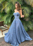 Blue Lace A-Line Strapless Long Prom Dress Party Dress HZ1023