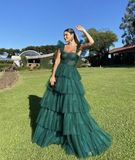 Hunter Green/Emerald Green A-Line Strap Tulle Tiered Long Prom Dress Party Dress HZ1023