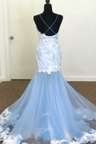 Mermaid V-Neck Lace Appliques Sky Blue Prom Dress HZ1023