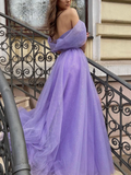 Purple off shoulder tulle long prom dress, A line tulle formal dress HZ1023