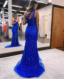 Blue One Shoulder Applique Beading Mermaid Prom Dress with Side Slit HZ1023