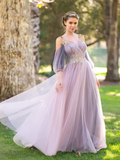 Wrap Top Tulle Half-Sleeve Appliques Prom Dresses HZ1023