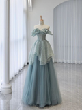 A-Line Off Shoulder Tulle Prom Dress Blue Long Graduation Dress HZ1023