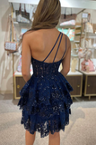 One Shoulder A Line Navy Tiered Lace Short Homecoming Dress HZ1023