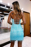 Sheath Spaghetti Straps Sky Blue Short Homecoming Dress with Tassel HZ1023