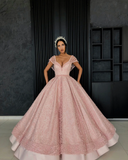 Gorgeous pink ball gown V neck floor length organza beaded crochet flowers evening dress HZ1023