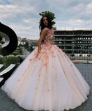 Princess Ball Gown Pink Tulle Prom Dresses with Handmade Flowers, Quinceanera Dress HZ1023
