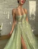 Green tulle sequins prom dress Formal Couture Dress HZ1023