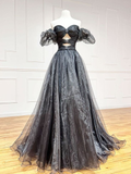 Black A-line off-shoulder long ball gown bow tie formal evening dress HZ1023