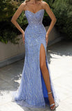Blue fashion shiny off-shoulder sequins elegant tight long slit ball gown evening dress HZ1023