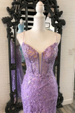 Lavender Floral Appliques Split Neck Mermaid Long Prom Dress HZ1023