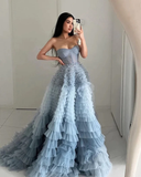 Light blue gorgeous A-line sweetheart layered ruffle tulle long ball gown evening dress HZ1023