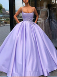 Purple Ball Gown Spaghetti Straps Satin Sweet 16 Dress With Pocket Quinceanera Dress HZ1023