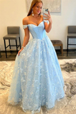 Off Shoulder Light Blue Lace Long Prom Dresses, Light Blue Lace Formal Graduation Evening Dresses HZ1023