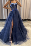A line dark blue prom dress with slit shining evening gown HZ1023