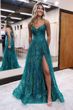 Designer Long A-line Spaghetti Straps Lace Sleeveless Prom Dress With Slit HZ1023