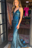 Green Sequin V-Neck Lace-Up Back Mermaid Prom Gown HZ1023