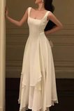 White solid color fashion elegant A-line square neck ball gown ankle length long chiffon evening gown party dress gh2737 HZ1023