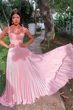 Elegant Pink Straps Sleeveless A-Line Prom Dresses HZ1023