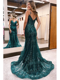 Green Tulle Mermaid Spaghetti Straps V-Neck Prom Dress Evening Dress HZ1023