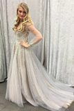 Newly A Line Gray Tulle Long Sleeves See Through Sweetheart Beaded Prom HZ1023